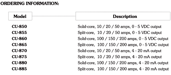 CU-850/860/870/880 Current Sensors Ordering Information